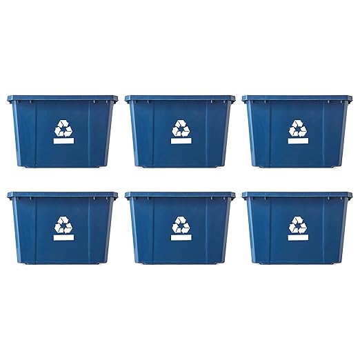 Gracious Living Medium Curbside Blue Box, Plastic 17 Gallon/64 Litre Home Trash Can Refuse and Recycling Bin Container with Built-in Handles (6 Pack)