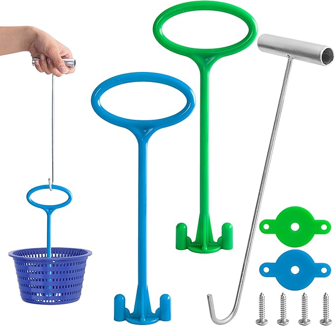 RunNico Skimmer Basket Handle,Universal Pool Skimmer Baskets Hook Tool with Handle,Inground Swimming Basket Handle Cleaning Tool for Debris Removal,Keep Hands Clean and Safe Supplies