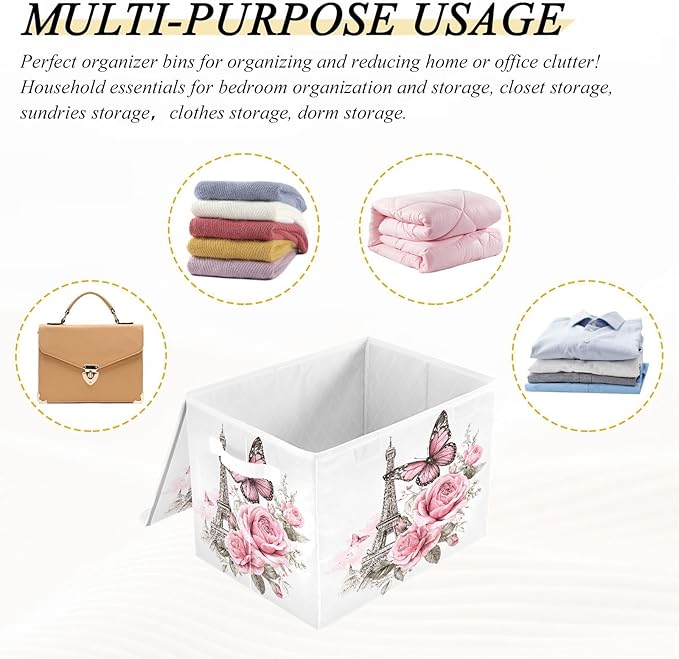 Bolaz Bow Flower Eiffel Tower Storage Bins with Lids and Handles, Foldable Storage Box Storage Basket with Cover Collapsible Organizer Containers for Home Closet, Shelves