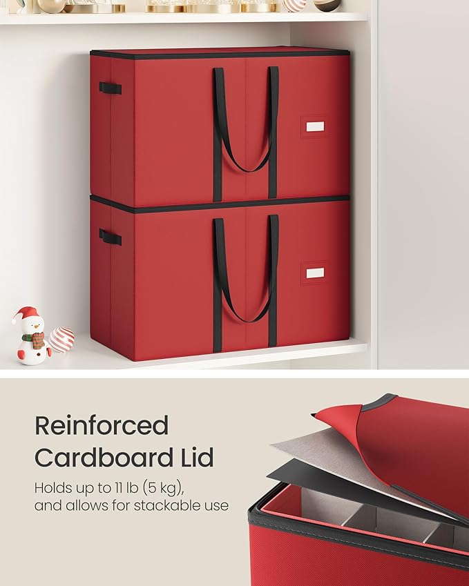 SONGMICS Christmas Ornament Storage Boxes, Set of 2, Dual Zippers, Stackable Christmas Storage Containers with Lid, 16 Trays, 600D Oxford, 3-Inch 256 Slots, Cherry Red URFB043R01