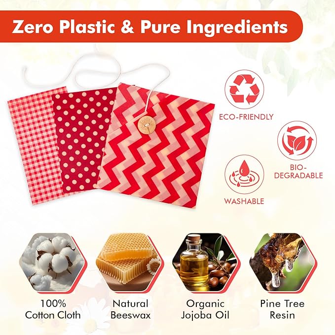 Beeswax Wraps for Food, 3 Pack (S, M, L) Reusable Food Wraps, Bread Sandwich Wrap, Beeswax Paper with Bukcle, Zero Waste, Plastic-Free Food Storage Wrap