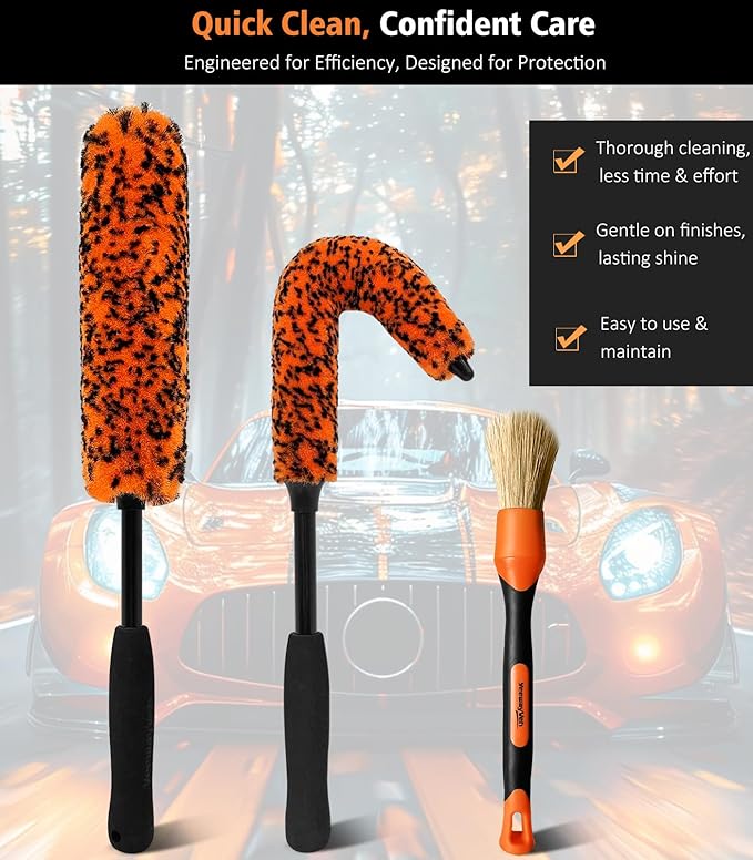 YeewayVeh 3PCS Quick Car Wheel Brush Kit, 2-Size 360° Bendale Rim Cleaner Brushes, Boars Hair Detailing Brush, Fast Scratch-Free Cleaning for Car Wheels, Motorcycle, Orange