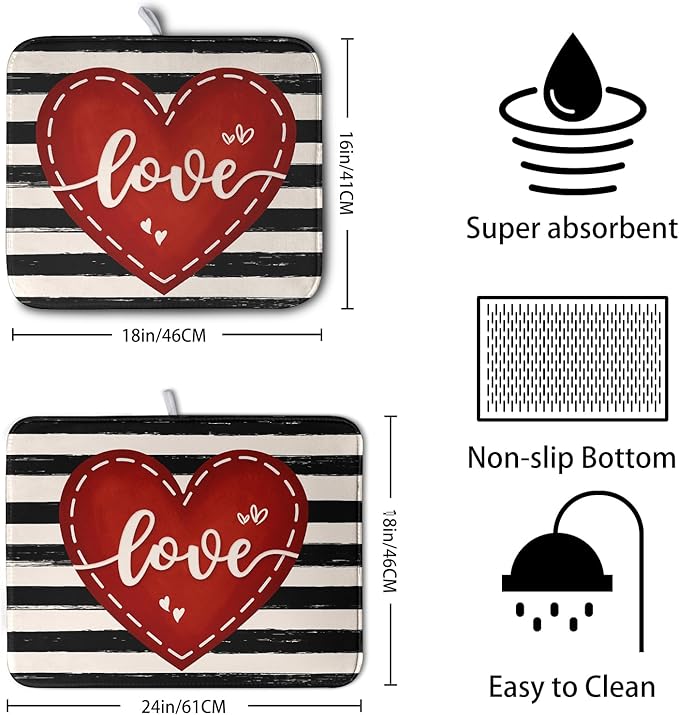 Kwlegh Valentine's Day Dish Drying Mat for Kitchen Counter 18x24 Black White Stripes Red Love Heart Dishes Drainer Mats Absorbent Dish Pad Large Dish Draining Mat for Coffee Bar