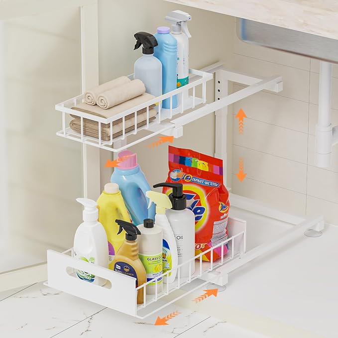 Toyear Under Sink Organizer, Heavy Duty Metal Pull Out Cabinet Organizer Slide Out Sink Shelf Organizer Height Adjustable, Multi-Purpose Storage Shelf for Kitchen Bathroom(White,1Pack)