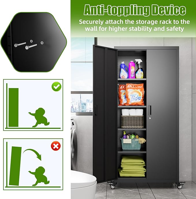 Garage Storage Cabinets with Wheels,Metal Storage Cabinet with Adjustable Shelves forGarage Office Home Warehouse, Assemble Required, Black,15.71" D x 31.57" W x 73" H