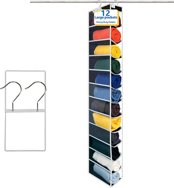 zebricolo,Closet Organization,12 Section, Hanging Closet Organizer, Space Saving, College Dorm Essentials for Girls, Heavy dutys Hooks Up to 45 Pounds, Clothes Storage,Closet Organizer,Black/White