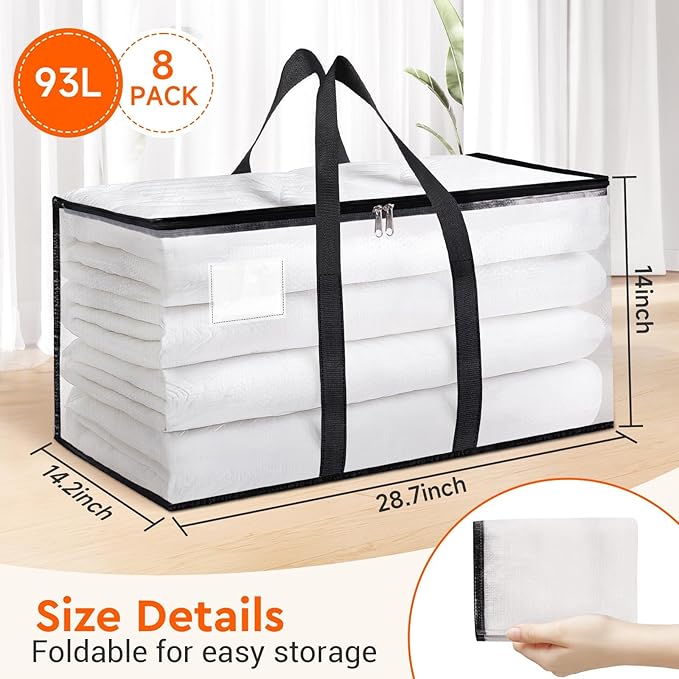 BlissTotes Moving Bags, 93L 8-Pack Storage Bags, Moving Box Heavy Duty Extra Large, Moving Totes with Zipper, Reinforced Handles & Tag Pocket, Boxes for Packaging Moving