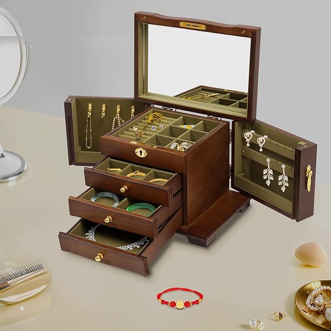Jewelry Box,Wooden Jewelry Organizer,4 Layers Large Capacity Jewelry Holder Watches Necklace Ring Storage Box (Original Wood)