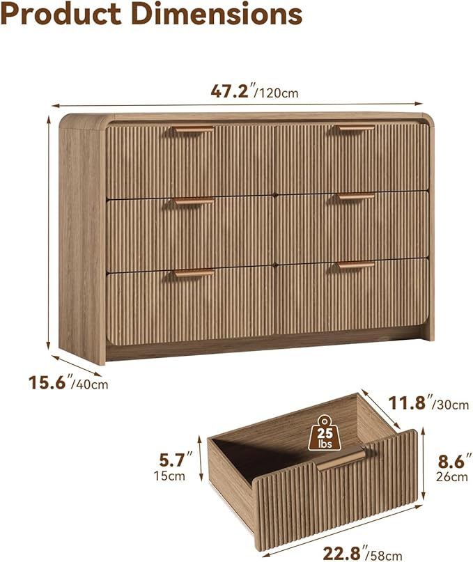 47" Wide Fluted 6 Drawer Dresser for Bedroom, Chest of Drawers with Curved Profile Design, Mid-Century Wood Closet Clothes Storage Organizer for Bedroom, Living Room, Hallway, Walnut