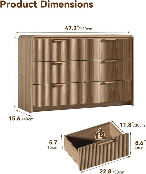 47" Wide Fluted 6 Drawer Dresser for Bedroom, Chest of Drawers with Curved Profile Design, Mid-Century Wood Closet Clothes Storage Organizer for Bedroom, Living Room, Hallway, Walnut