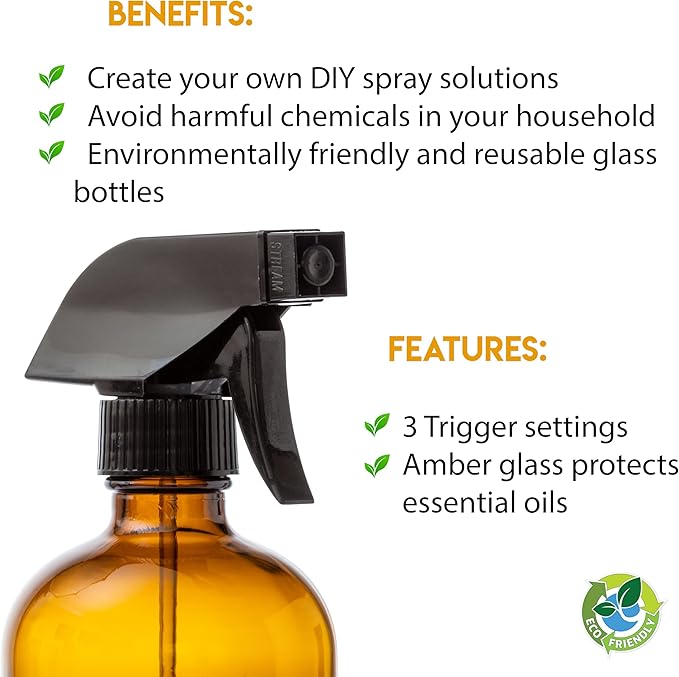 16oz Amber Glass Spray Bottles for DIY Essential Oil Cleaning Solutions, Household, Pets, Plants, 2 Pack