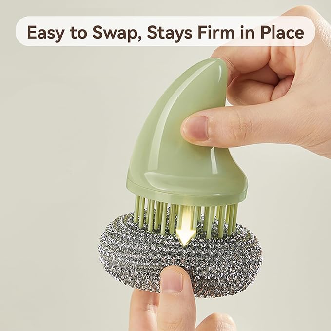 JESFORMYA Steel Wool Scrubber with Handle, 3 Refill Pads – Heavy Duty Cleaner for Dishes, Cast Iron, Pots, Pans & Grills（Green）