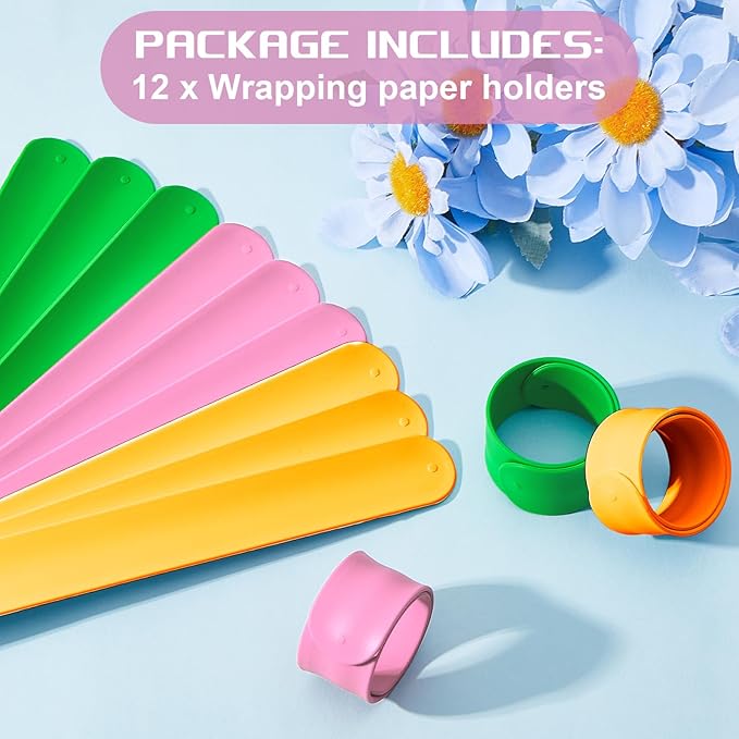 Charniol 12 Pieces Wrapping Paper Roll Holder Holiday Flip Wraps Silicone Covered Metal Strips Flip 1 x 9 Inch Stabilizer Slap Band for Poster Gift Paper Vinyl Storage Organize (Green,Yellow,Pink)