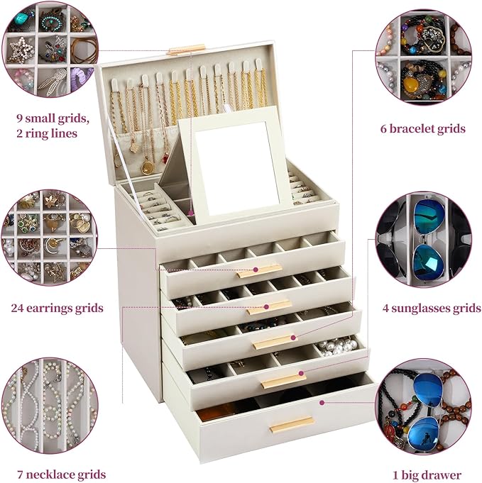 BOOVO Jewelry Box for Women, Gold 6 Layer Large Jewelry Organizer with Glass Lid for Necklace, Bracelet, Earrings, Rings Storage, Jewelry Organizers and Storage for Girls Gift (Champagne, 6 layer)