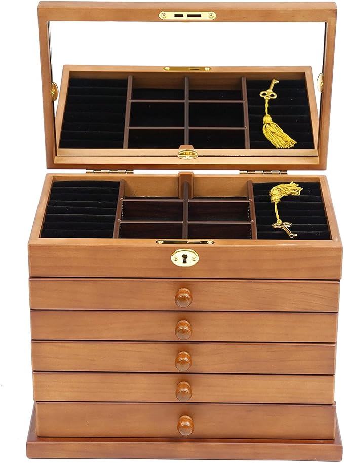 Eapmic Extra Large Four-Leaf Carved 6 Layers Wooden Jewelry Box Jewelry Case Cabinet Armoire Ring Necklacel Gift Storage Box Organizer (Brown Style 2)