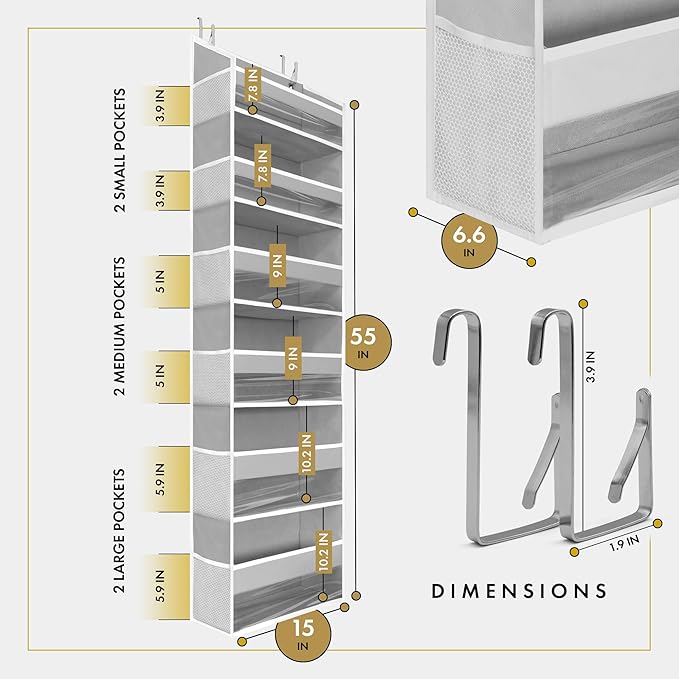 HOMELUX THEORY UPGRADED 6 Tiers Over The Door Organizer Hanging - 100D EXTRA THICK & 50lbs HUGE CAPACITY, 12 Side Mesh Pockets Over The Door Shoe Organizer, Hanging Closet Organizer (Transparent, 2pc)