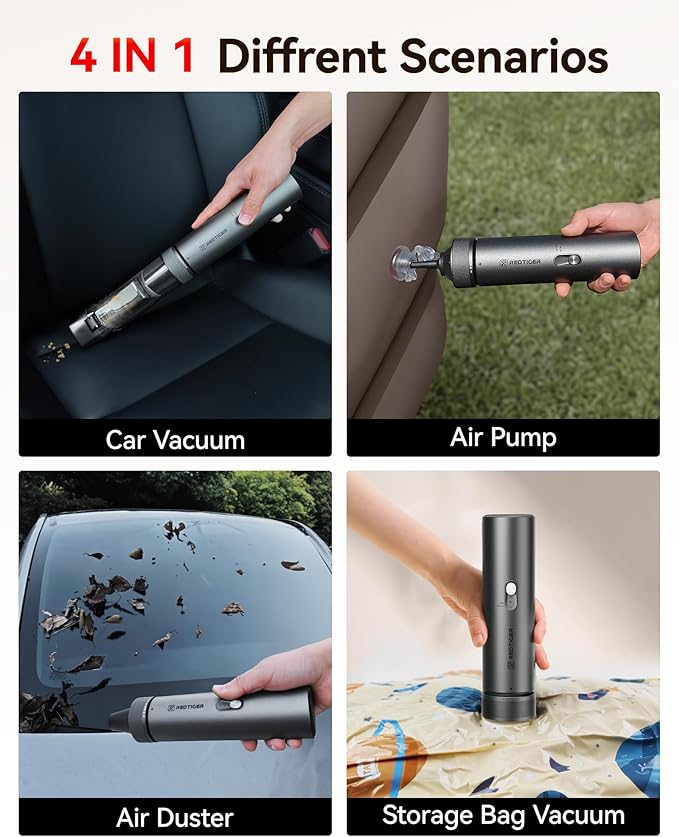 REDTIGER Car Vacuum Cordless, 21000PA Portable Handheld Vacuum Up to 70 Mins Runtime, 3.5H USB-C Fast Charge, Lightweight 4 in1 Mini Hand Held Cleaner Power for Car Home Outdoor Camp Pet Food Black