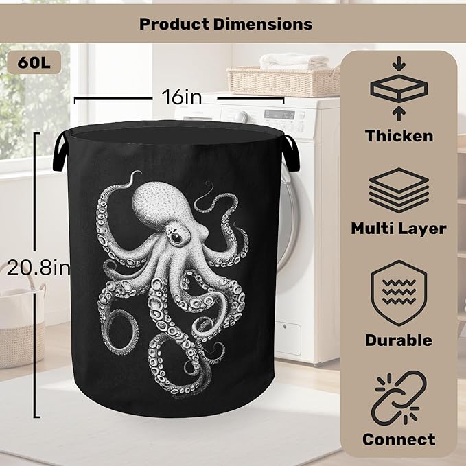 Black Octopus Laundry Basket - Heavy Duty 60L Dirty Clothes Organizer, Water Resistant Foldable Hamper for Men Women