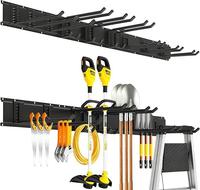 Tebgeag Garage Tool Organizer Wall Mount, 48inch Heavy-Duty Garage Storage System and Garden Tool Organizer with 9 Adjustable Hooks for Shovel, Snowboard, Yard Tools and Shed