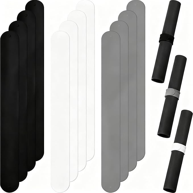 Charniol 12 Pieces Wrapping Paper Roll Holder Holiday Flip Wraps Silicone Covered Metal Strips Flip 1 x 9 Inch Stabilizer Slap Band for Poster Gift Paper Vinyl Storage Organize (Black,White,Gray)