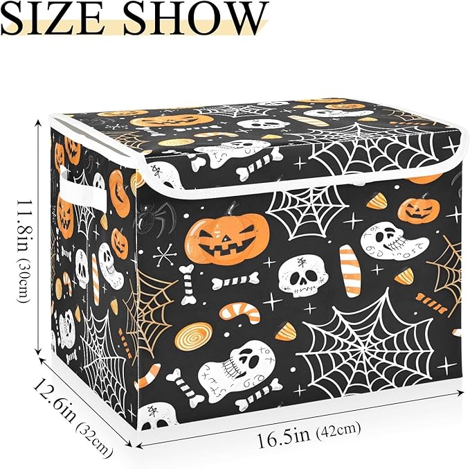 Bolaz Storage Bins with Lids and Handles,Halloween Seamless Pumpkins Spider Web Storage Box Basket with Cover Collapsible Organizer Containers for Home Closet, Shelves
