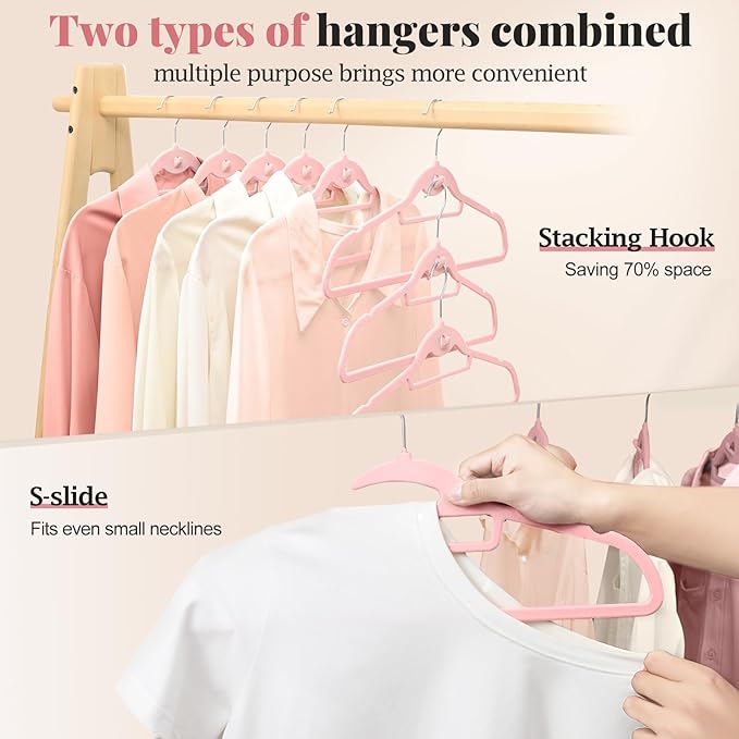 UEAKPIC Velvet Hangers 50 Pack, S-Shaped and Stackable Non Slip with 360°Swivel Hook, Ultra Thin and Space Saving Flocked, for Suits, Shirts, Coats, 15Lbs Capacity Heavy Duty, Pink