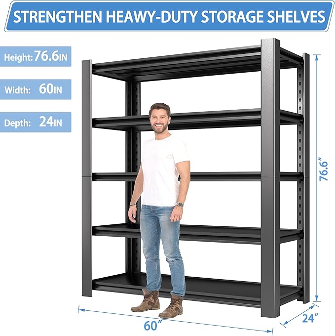 Nexvrtau 5-Tier Garage Shelving Heavy Duty, 3000 LBS Capacity Metal Storage Rack 76" H x 60" W x 24" D, Adjustable Shelves Unit for Garage, Warehouse, Basement, Pantry, Workshop.4 Pack