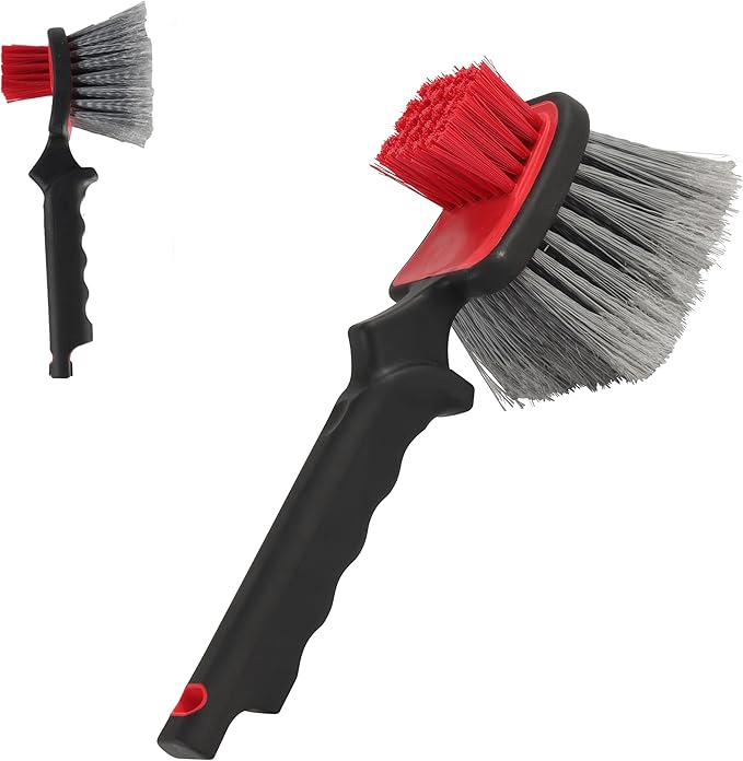 Dual Head Car Clean Brush, Wheel & Tire Brush, car Wheel Brush,Short Handle Tire Cleaner for Car Detailing, Car Cleaning Brush Black/Red, 9.8 Inch x 3.1 Inch