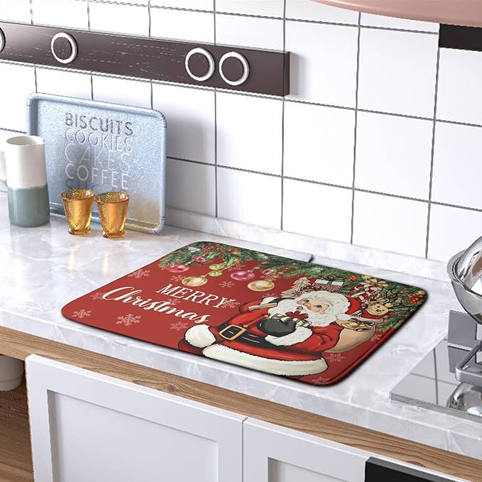 Kwlegh Merry Christmas Dish Drying Mat Santa Claus Kitchen Drainer Mats Microfiber Absorbent Winter Xmas Holiday Dishes Pad Reusable Dish Rack Mat for Countertop Tableware Decor 16x18 Inch
