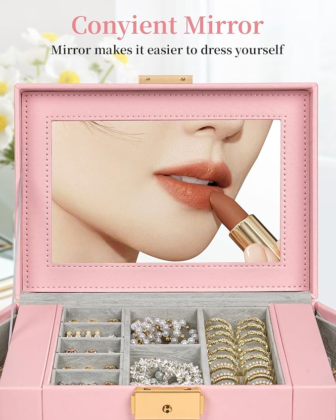 TORIBIO Jewelry Box for Women, Leather Jewelry Organizer with Mirror & Lock, 5-Tier Jewelry Storage Organizer with 4 Drawers for Girls/Women/Mothers, Necklace Earring Bracelets Holder Organizer
