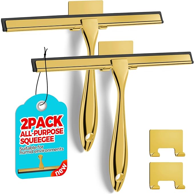 ALFLOD 2PACK 10-Inch Golden All-Purpose Shower Squeegee for Shower Doors, Bath Linen Sets, Tile Shower Walls, Bathroom, Window, Glass and Car Windshield, Mirrors and Kitchen-Stainless Steel
