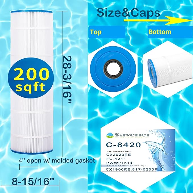 Savener® C-8420 Pool Filter Cartridge, Replaces Unicel C-8420, Filbur FC-1211, Hayward CX1900RE, Waterway Pro Clean 200, PWWPC200, PA190, 817-0200P, 200 Sq. Ft, 1 Pack