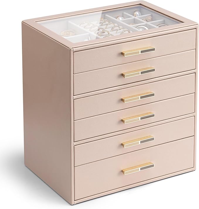 Vlando 6 Layer Jewelry Box for Women, Glass Lid Jewelry Organizer with 6 Drawers for Necklaces Rings Earrings Bracelets - Toffee