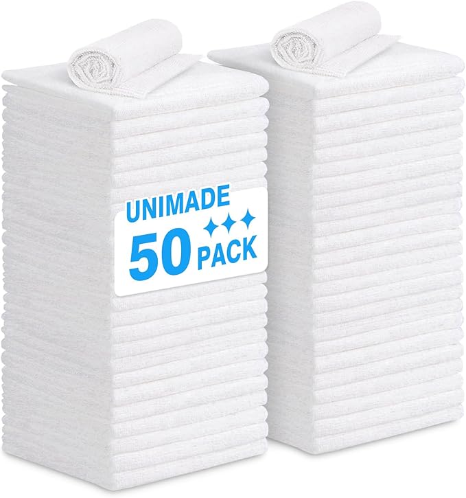 UNIMADE Shop Towel Rags, 50 Pack Reusable Shop Rags Bulk Microfiber Cleaning Cloth Lint Free Cleaning Towels for Car Kitchen Automotive Bar Mechanic Restaurant Garage, 11.5"x 11.5", White