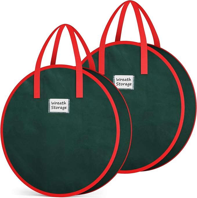 Criusia Wreath Storage Container, 2 Pack Christmas Wreath Storage Bag with Sturdy Handle, Two-way Zipper,Durable Wreath Storage Organizer Box for Holiday Decoration (Green, 36"x8")