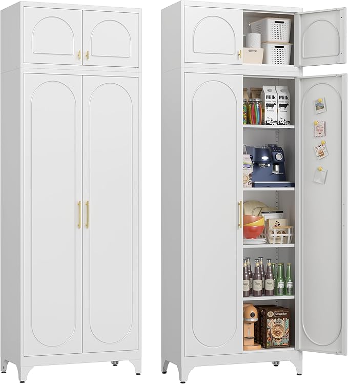 90" Metal Kitchen Pantry Cabinet, 75" Pantry Cabinets with 15" Small Cabinets, Freestanding Kitchen Storage Cabinet for Dining Room, Living Room, Alacena para Cocina, Assembly Required, White