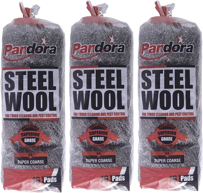 Pandora Steel Wool #4 – Extra Coarse Grade, 48 Pads for Tough Cleaning - Metal Strands - Ideal for Removing Stubborn Paint, Rust, Dirt, and Varnish