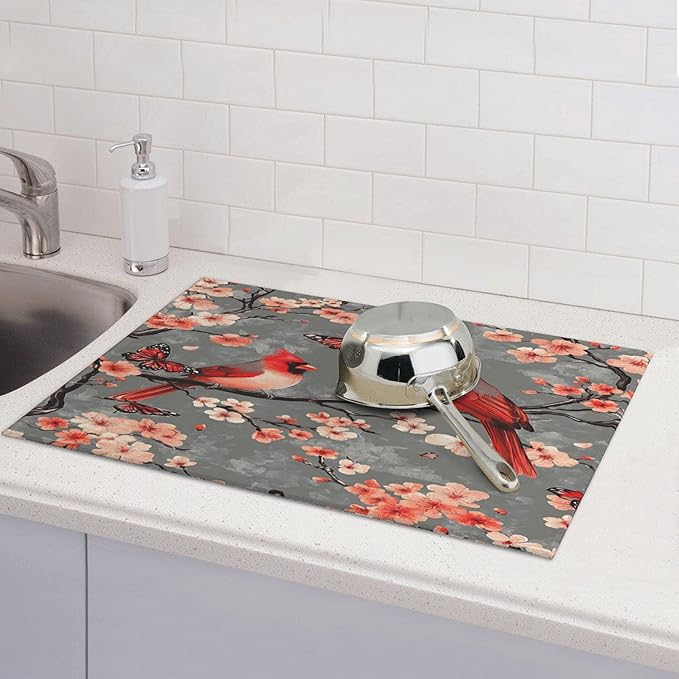Cardinal Birds Dish Drying Mat for Kitchen Counter Microfiber Super Absorbent Non-Slip Dish Drying Pad for Countertops Dishes Utensils Stylish Quick-Dry Machine Washable 18x24 Inch