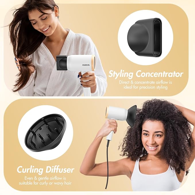 ANIEKIN Hair Dryer, 1875 Watts Fast Drying Blow Dryer with Diffuser and Concentrator, Compact Lightweight Hair Dryer for Women and Men