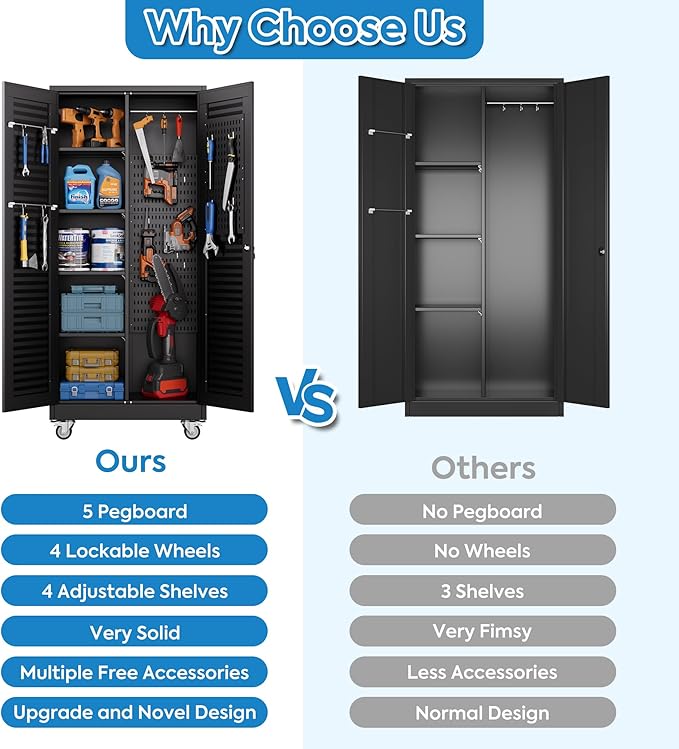 Metal Broom Closet Storage Cabinet with Hanging Rod, Garage Storage Cabinet with Wheels and 4 Shelves, Pegboard and 13 Hooks for Garage Home, Black, Assembly Required