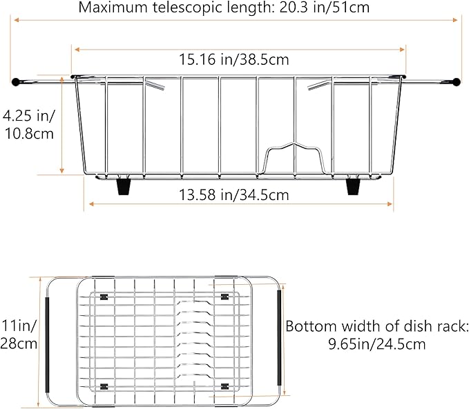 NiuYichee Stainless Steel Dish Drying Rack(15.2"L X 11"W X 5.3"H), Expandable Fruit & Vegetable Drain Rack over Sink, Dish Drainer Rack in Sink, with Stainless Steel Utensil Holder & Silicone Mat(16")