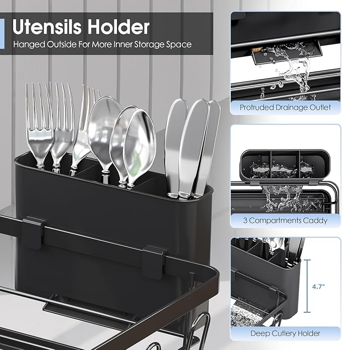 Urackify Dish Drainers for Kitchen Counter - Large Capacity Dish Drying Rack with Drainboard, Rustproof & Sturdy Design, Black Dish Rack Perfect for Plates, Cups & Kitchen Countertop Organization