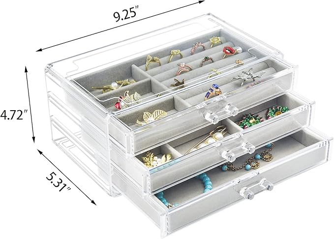 Weiai Acrylic Jewelry Box 3 Drawers, Velvet Jewellery Organizer, Earring Rings Necklaces Bracelets Display Case Gift for Women, Girls