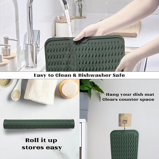 ZLR Silicone Dish Drying Mat 12" x 12" Square - Small Heat Resistant Trivet & Countertop Protector for Air Fryer, Coffee Maker - Waterproof Kitchen Drain Pad for Cups, Fruit (Dark Green)