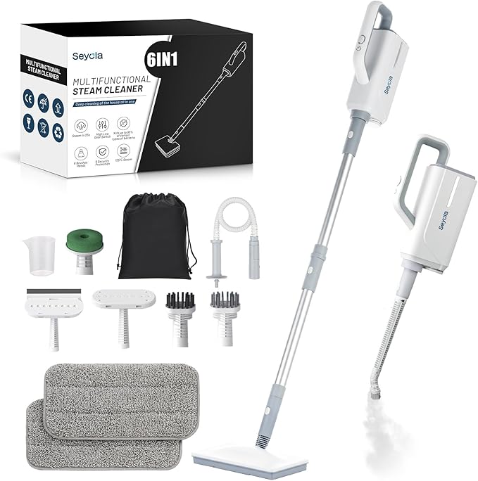 Seyola Steam Mop for Floor Cleaning, Steam Cleaner for Home with Handheld 6-in-1 Multi-function Attachments for Hardwood Floors, Clothes, Windows, Tiles Grout, Furniture Cleaning (White-Gray)