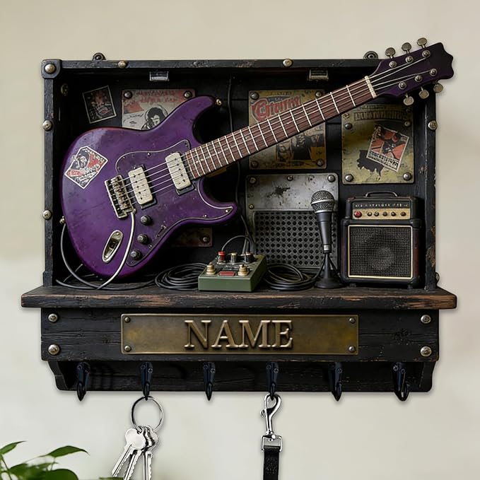 Personalized 2D Flat Print Guitar Stand Themed Wall Mounted Hooks for Music Lovers Family Friends Custom Rock Electric Guitar Coat Rack Music Themed Key Storage Holder for Living Room Hallway Office