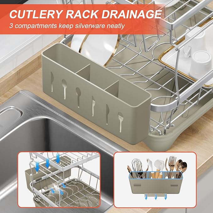 HOMEAILIE 2-Tier Dish Drying Rack for Kitchen Counter, 304 Stainless Steel Dish Rack with Adjustable Drainboard, Removable Utensil Holder & Water Tray, Grey