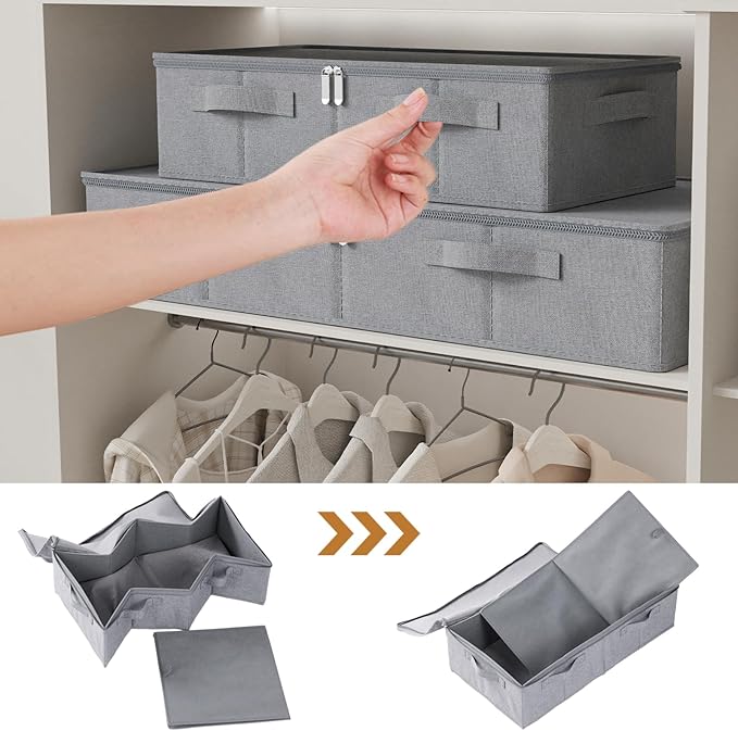 ENUMAIL Underbed Storage Box, Foldable Under Bed Bins Container, Fabric Closet Organizer with Lid, for Clothes, Sheets, Blankets, 23.6x11.8x5.9in, Grey, 3 Pack