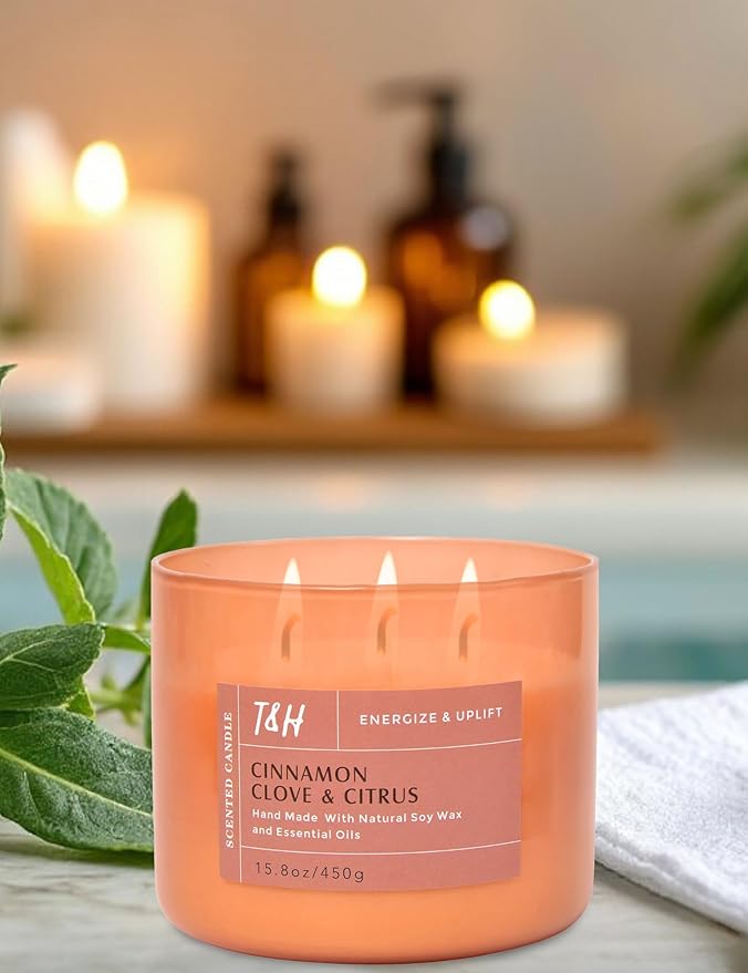 Cinnamon Clove Citrus 3 Wick Soy Candle Large 15.8oz | Spiced Orange Scented Candles for Home | Clean Burn Long Lasting Candle | Warm Cozy Aromatherapy Candle | Housewarming Birthday Gift