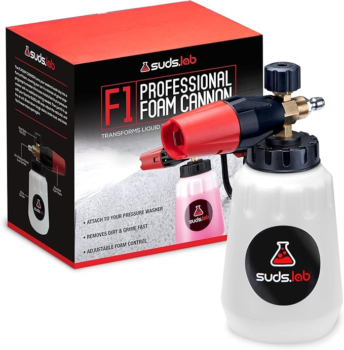 Suds Lab F1 Professional Foam Cannon with 32 Ounce Canister, Adjustable Foam Nozzle, Quick Connect for Pressure Washer - Perfect for Car Washing